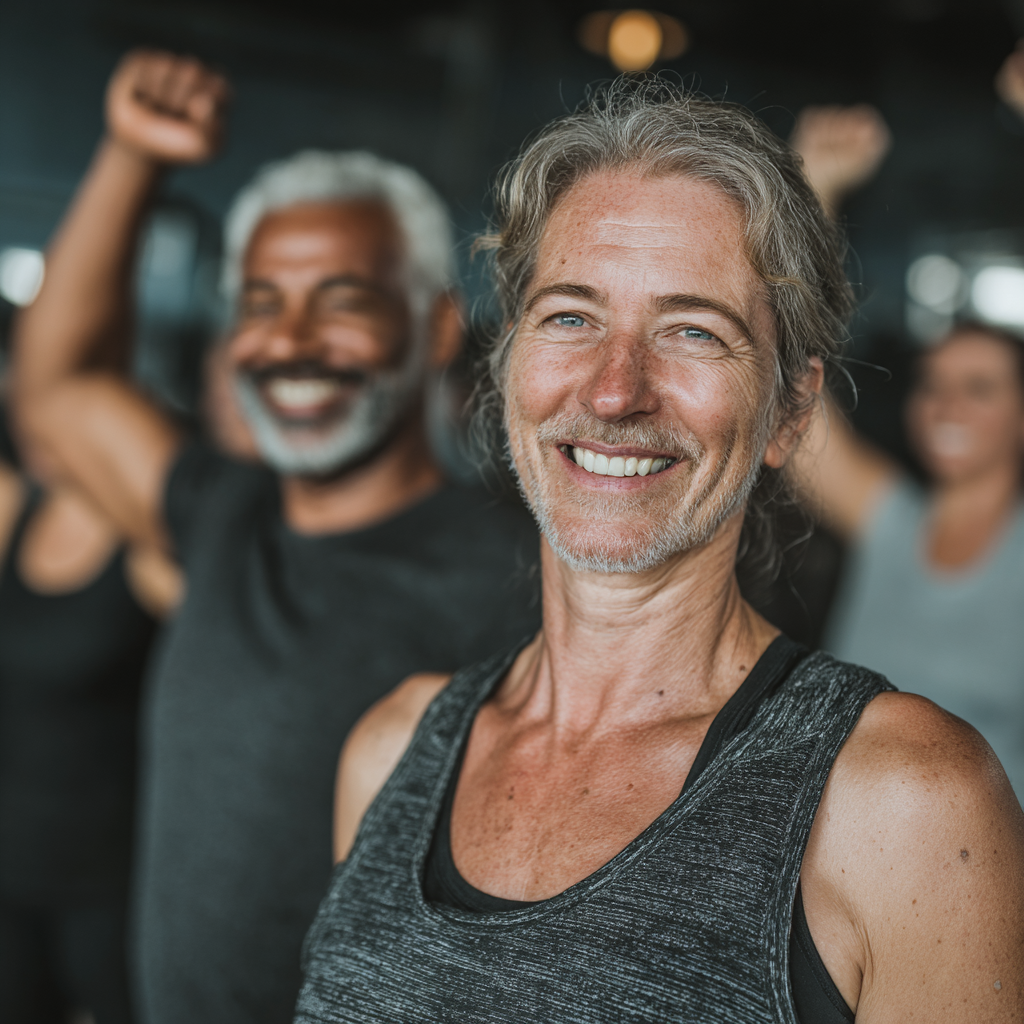 Group of mature adults aged 45-55 celebrating their fitness achievements after completing a functional training session in a modern fitness facility