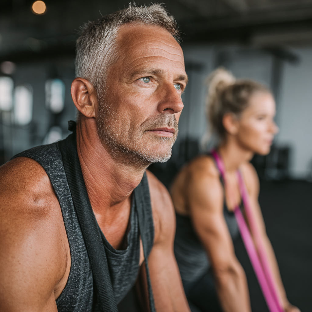 Mature adults aged 40-55 engaged in functional fitness training with resistance bands and bodyweight exercises in a modern gym setting