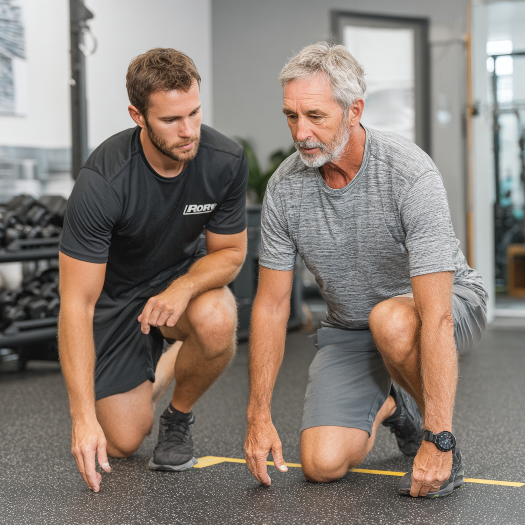 Professional fitness trainer working with a mature adult client aged 45-50 demonstrating proper form during functional movement exercises